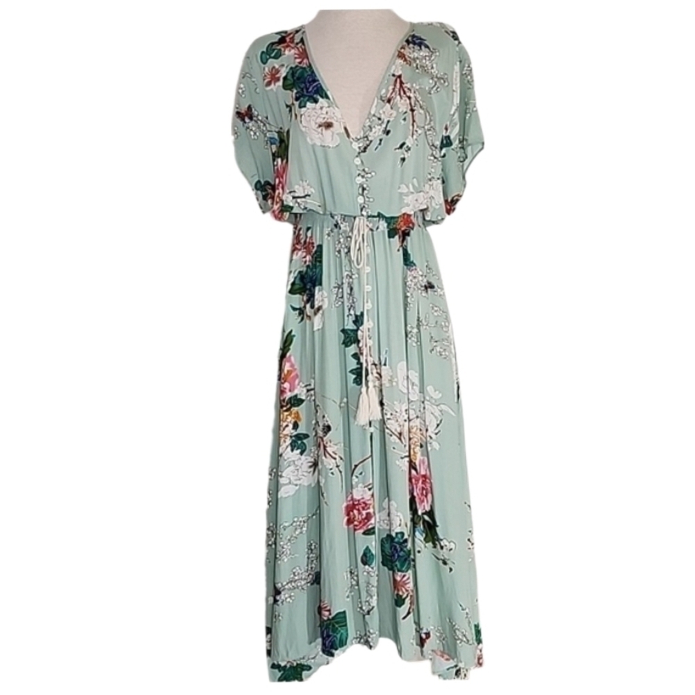 Amzplus Dress Floral Smocked Boho Tassled Tie Front Maxi Green Plus Size 3XL - Picture 13 of 16